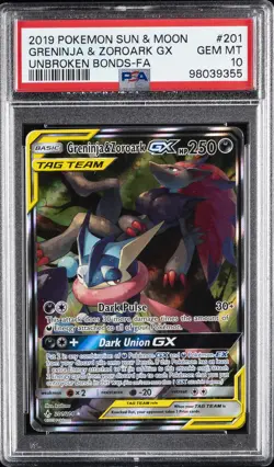 2019 POKEMON SUN & MOON UNBROKEN BONDS FULL ART/GRENINJA & ZOROARK GX PSA 10 - Image 1