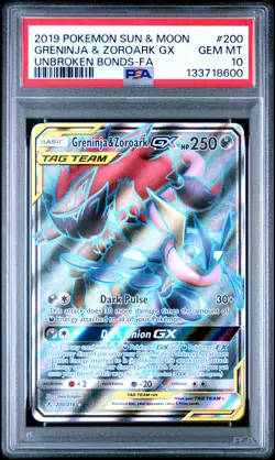 2019 POKEMON SUN & MOON UNBROKEN BONDS FULL ART/GRENINJA & ZOROARK GX PSA 10 - Image 1