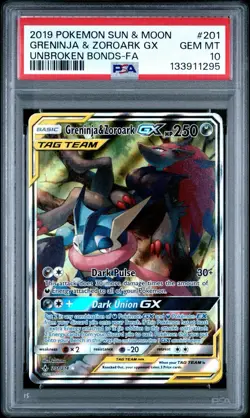 2019 POKEMON SUN & MOON UNBROKEN BONDS FULL ART/GRENINJA & ZOROARK GX PSA 10 - Image 1
