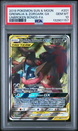2019 POKEMON SUN & MOON UNBROKEN BONDS FULL ART/GRENINJA & ZOROARK GX PSA 10 - Image 1