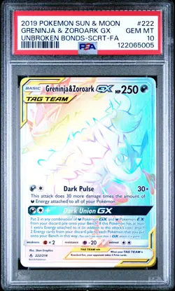2019 POKEMON SUN & MOON UNBROKEN BONDS FULL ART/GRENINJA & ZOROARK GX PSA 10 - Image 1