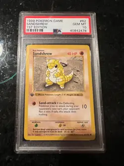 1999 POKEMON BASE SET 1ST EDITION #62 NON HOLO SANDSHREW PSA 10 GEM MINT 1st Ed - Image 1