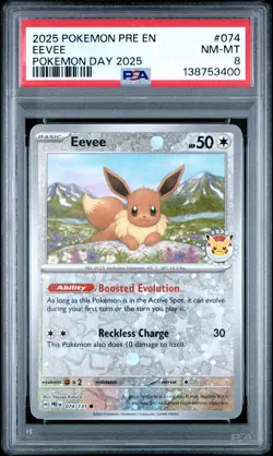 2025 POKEMON PRE EN-PRISMATIC EVOLUTIONS POKEMON DAY 2025 #074 EEVEE PSA 8 - Image 1