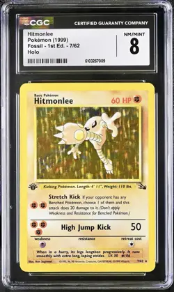 CGC 8 Hitmonlee 1st Edition Fossil 7/62 Holo 1999 Pokemon Card psa - Image 1