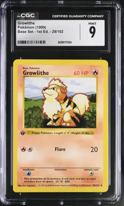 CGC 9 MINT Growlithe 1999 Base Set 1st Edition Shadowless 28/102 Pokemon Card - Image 1