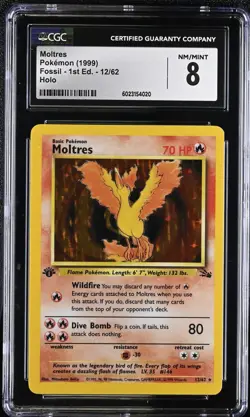 CGC 8 Moltres Fossil 1st Edition 12/62 Holo Pokemon Card 1999 - Image 1