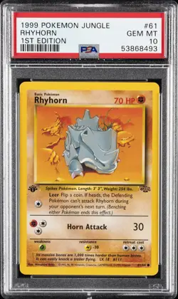 1999 POKEMON JUNGLE 1ST ED #61 RHYHORN PSA 10 - Image 1