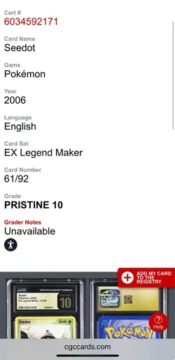 (POP 29) CGC 10 PRISTINE Pokemon EX Legend Maker Seedot 61/92 2006 Card - PSA - Image 4