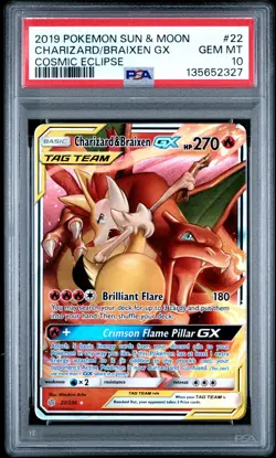 2019 POKEMON SUN & MOON COSMIC ECLIPSE #22 CHARIZARD & BRAIXEN GX PSA 10 - Image 1