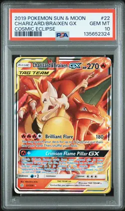 2019 POKEMON SUN & MOON COSMIC ECLIPSE #22 CHARIZARD & BRAIXEN GX PSA 10 - Image 1