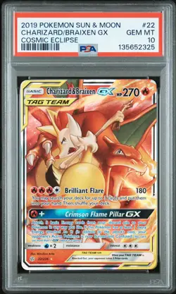 2019 POKEMON SUN & MOON COSMIC ECLIPSE #22 CHARIZARD & BRAIXEN GX PSA 10 - Image 1