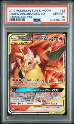 2019 POKEMON SUN & MOON COSMIC ECLIPSE #22 CHARIZARD & BRAIXEN GX PSA 10 - Image 1