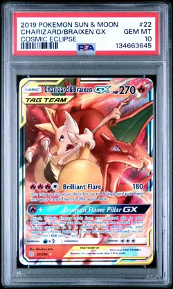 2019 POKEMON SUN & MOON COSMIC ECLIPSE #22 CHARIZARD & BRAIXEN GX PSA 10 - Image 1