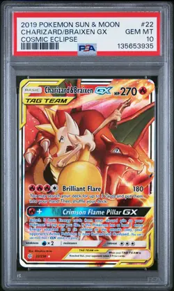 2019 POKEMON SUN & MOON COSMIC ECLIPSE #22 CHARIZARD & BRAIXEN GX PSA 10 - Image 1