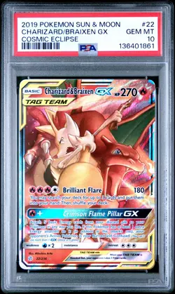 2019 POKEMON SUN & MOON COSMIC ECLIPSE #22 CHARIZARD & BRAIXEN GX PSA 10 - Image 1