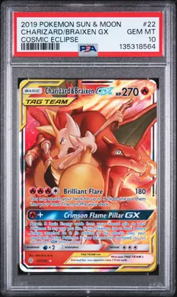 2019 Pokemon Sun & Moon Charizard Braixen GX 22/236 Cosmic Eclipse PSA 10 Team, - Image 1