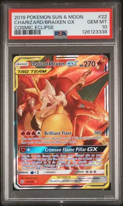 2019 POKEMON SUN & MOON COSMIC ECLIPSE #22 CHARIZARD & BRAIXEN GX PSA 10 - Image 1