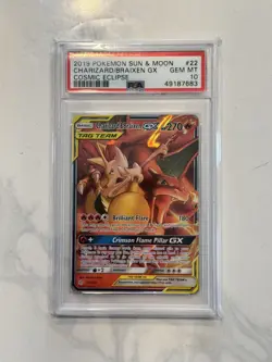 2019 POKEMON SUN & MOON COSMIC ECLIPSE #22 CHARIZARD & BRAIXEN GX PSA 10 - Image 1