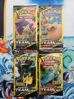 Pokemon Sun and Moon Team Up 3 Card Mini Booster Packs Complete Art Set Lot of 4 - Image 1