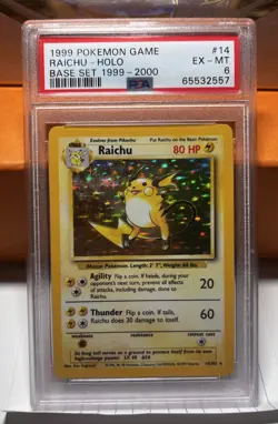 1999 WOTC POKEMON GAME BASE SET UNLIMITED RAICHU 14/102 HOLO RARE PSA 6 EX-MT - Image 1