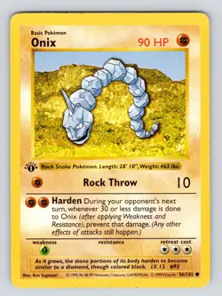 Onix 56/102 Base Set 1st Edition Shadowless Pokemon Card MP* - Image 3