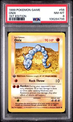 1st Edition Shadowless Onix 56/102 Base Set Pokemon Card PSA 8 - Image 1