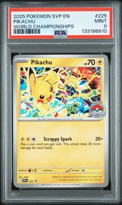 2025 POKEMON SVP EN-SV BLACK STAR PROMO WORLD CHAMPIONSHIPS #225 PIKACHU PSA 9 - Image 1
