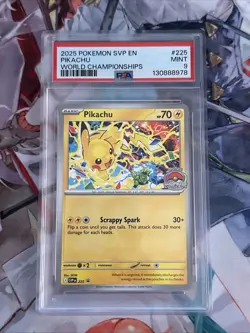 2025 POKEMON SVP EN-SV BLACK STAR PROMO WORLD CHAMPIONSHIPS #225 PIKACHU PSA 9 - Image 1