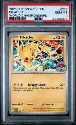 2025 POKEMON SVP EN-SV BLACK STAR PROMO WORLD CHAMPIONSHIPS #225 PIKACHU PSA 10 - Image 1