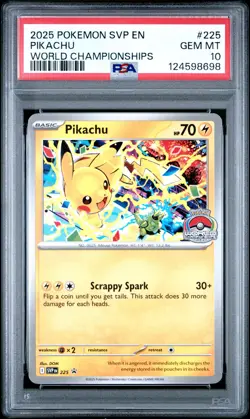 2025 POKEMON SVP EN-SV BLACK STAR PROMO WORLD CHAMPIONSHIPS #225 PIKACHU PSA 10 - Image 1
