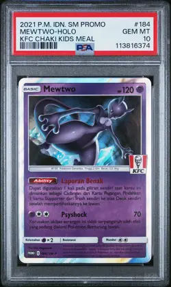 Pokemon 2021 Indonesian SM Promo #184 Mewtwo-Holo KFC Chaki Kids Meal PSA 10 - Image 1