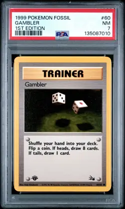 1999 POKEMON FOSSIL 1ST EDITION #60 GAMBLER PSA 7 - Image 1