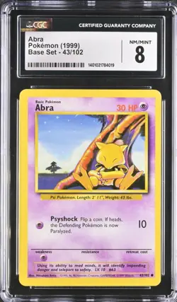 1999 Abra Base Set Unlimited Pokemon 43/102 CGC 8.0 - Image 1