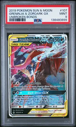 2019 POKEMON SUN & MOON UNBROKEN BONDS #107 GRENINJA & ZOROARK GX PSA 9 - Image 1
