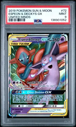 2019 POKEMON SUN & MOON UNIFIED MINDS #72 ESPEON & DEOXYS GX PSA 9 - Image 1