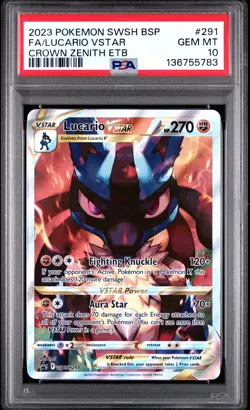 2023 POKEMON SWSH CROWN ZENITH ETB PROMO #291 FULL ART/LUCARIO VSTAR PSA 10 - Image 1