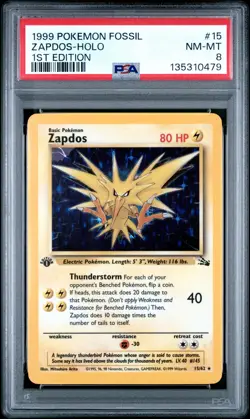 1999 POKEMON FOSSIL 1ST EDITION #15 ZAPDOS-HOLO PSA 8 - Image 1