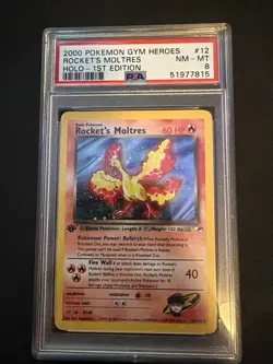 Pokemon 2000 Gym Heroes Rockets Moltres Holo Card First Edition PSA 8 - Image 1