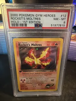 Pokemon 2000 Gym Heroes Rockets Moltres Holo Card First Edition PSA 8 - Image 2