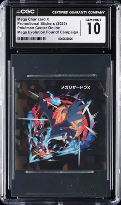 2025 POKEMON CENTER ONLINE PROMOTINAL STICKERS MEGA CHARIZARD X CGC 10 GEM MINT - Image 1