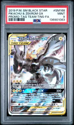 2019 POKEMON SM TAG TEAM TINS #SM168 FULL ART/PIKACHU & ZEKROM GX PSA 9 - Image 1