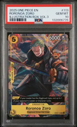 2025 ONE PIECE PROMOS ILLUSTRATION BOX VOL.3 #113 RORONOA ZORO PSA 10 - Image 1