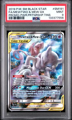 2019 POKEMON SM BLACK STAR PROMO #SM191 FULL ART/MEWTWO & MEW GX PSA 9 - Image 1