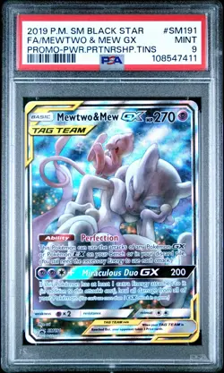 PSA 9 MINT 2019 POKEMON SM BLACK STAR PROMO SM191 FULL ART/MEWTWO & MEW GX - Image 1