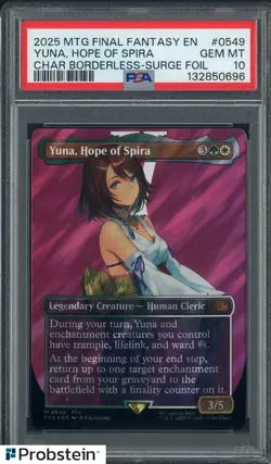 2025 MTG FINAL FANTASY #0549 YUNA, HOPE OF SPIRA BORDERLESS-SURGE FOIL PSA 10 - Image 1