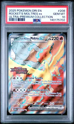 PSA 10 Rocket's Moltres ex 208 Stamped UPC Promo Pokemon Destined Rivals Low Pop - Image 1