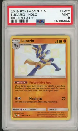 2019 Pokemon Sun & Moon Hidden Fates Lucario Holo #SV22 PSA 9 - Image 1