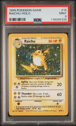 PSA 9 MINT 1999 Pokemon Base Set Unlimited Raichu Holo #14 - Image 1