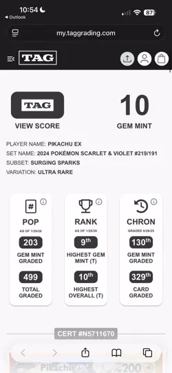 Pikachu ex Gem Mint TAG 10 Surging Sparks 219/191 Pokemon Card - Image 3
