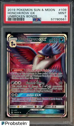 2019 Pokemon Sun & Moon Unbroken Bonds #109 Honchkrow Gx PSA 9 MINT - Image 1
